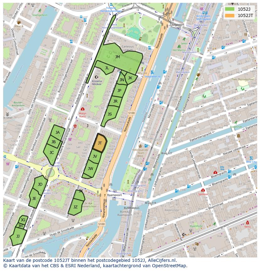Afbeelding van het postcodegebied 1052 JT op de kaart.