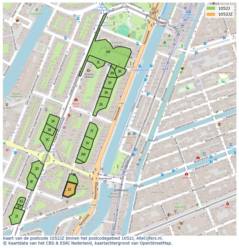 Afbeelding van het postcodegebied 1052 JZ op de kaart.