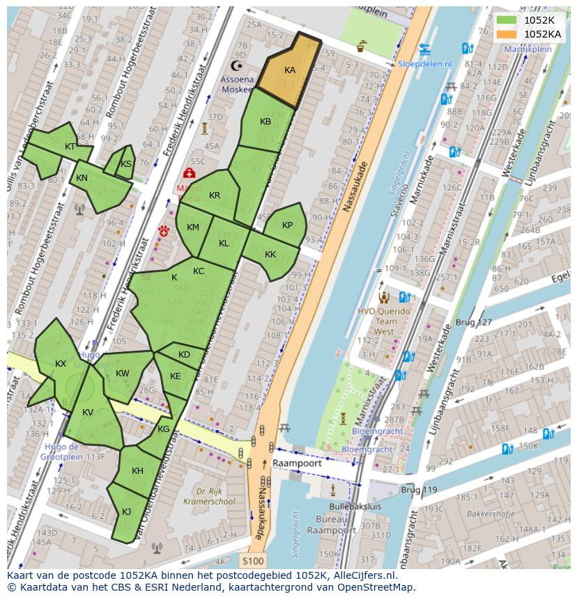 Afbeelding van het postcodegebied 1052 KA op de kaart.
