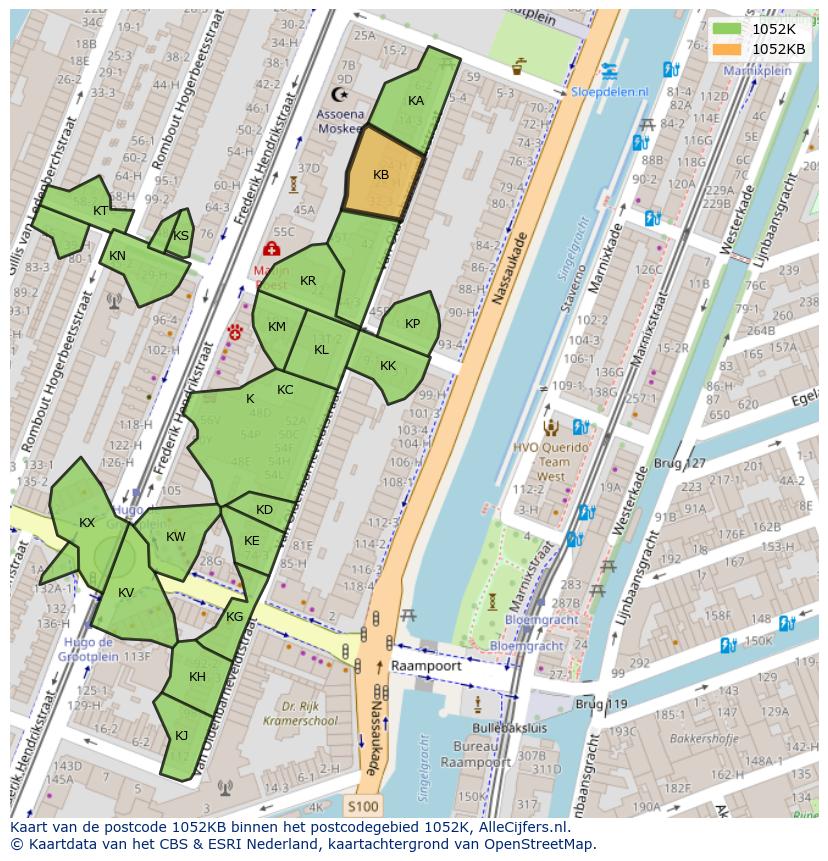 Afbeelding van het postcodegebied 1052 KB op de kaart.