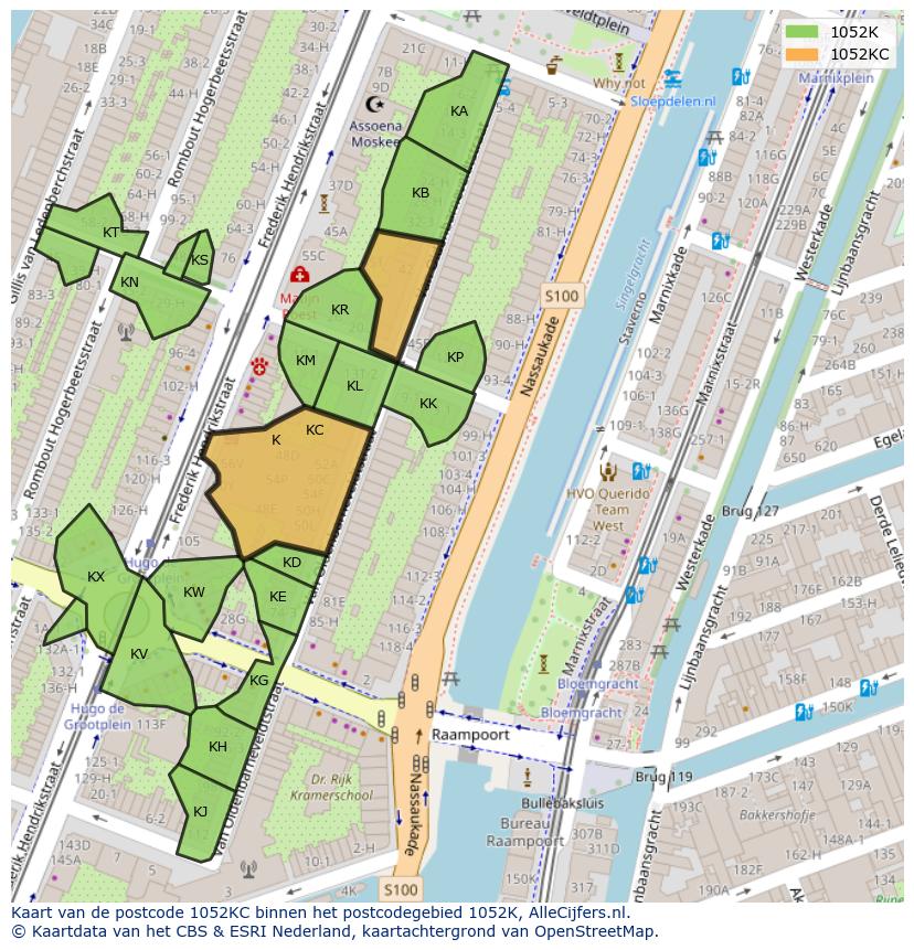 Afbeelding van het postcodegebied 1052 KC op de kaart.