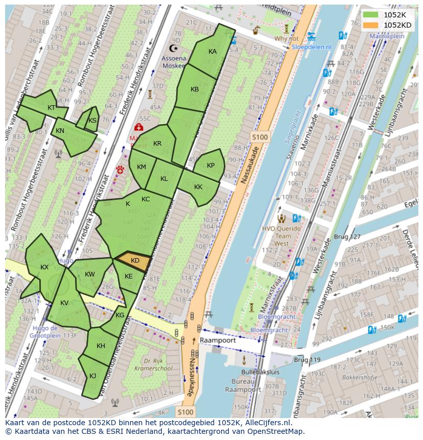 Afbeelding van het postcodegebied 1052 KD op de kaart.