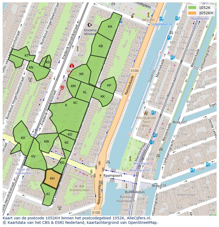 Afbeelding van het postcodegebied 1052 KH op de kaart.