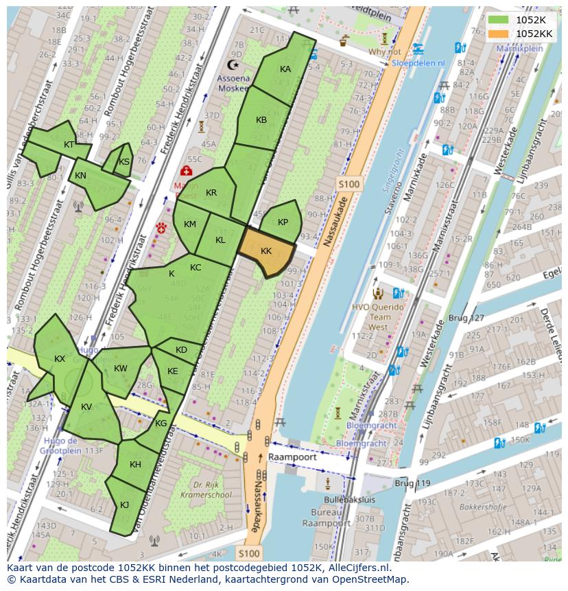 Afbeelding van het postcodegebied 1052 KK op de kaart.