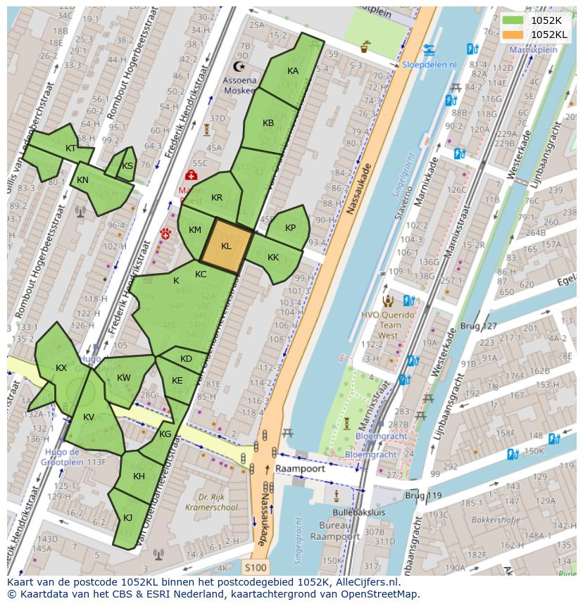Afbeelding van het postcodegebied 1052 KL op de kaart.