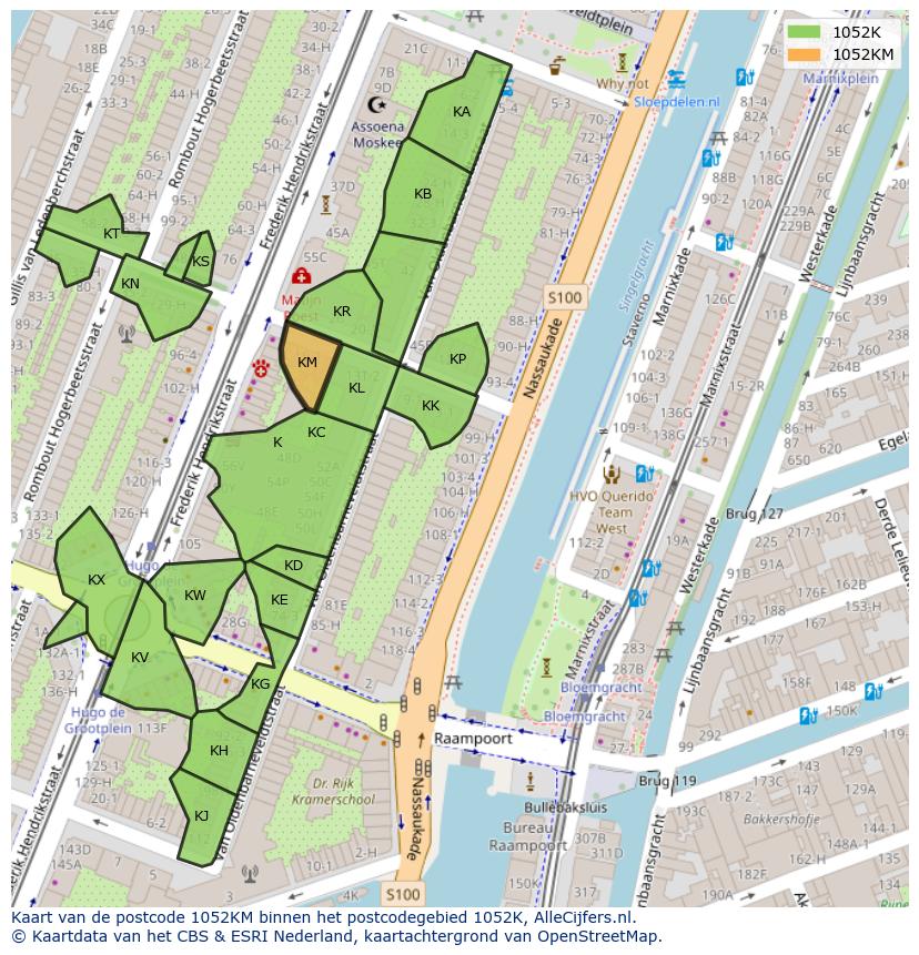 Afbeelding van het postcodegebied 1052 KM op de kaart.