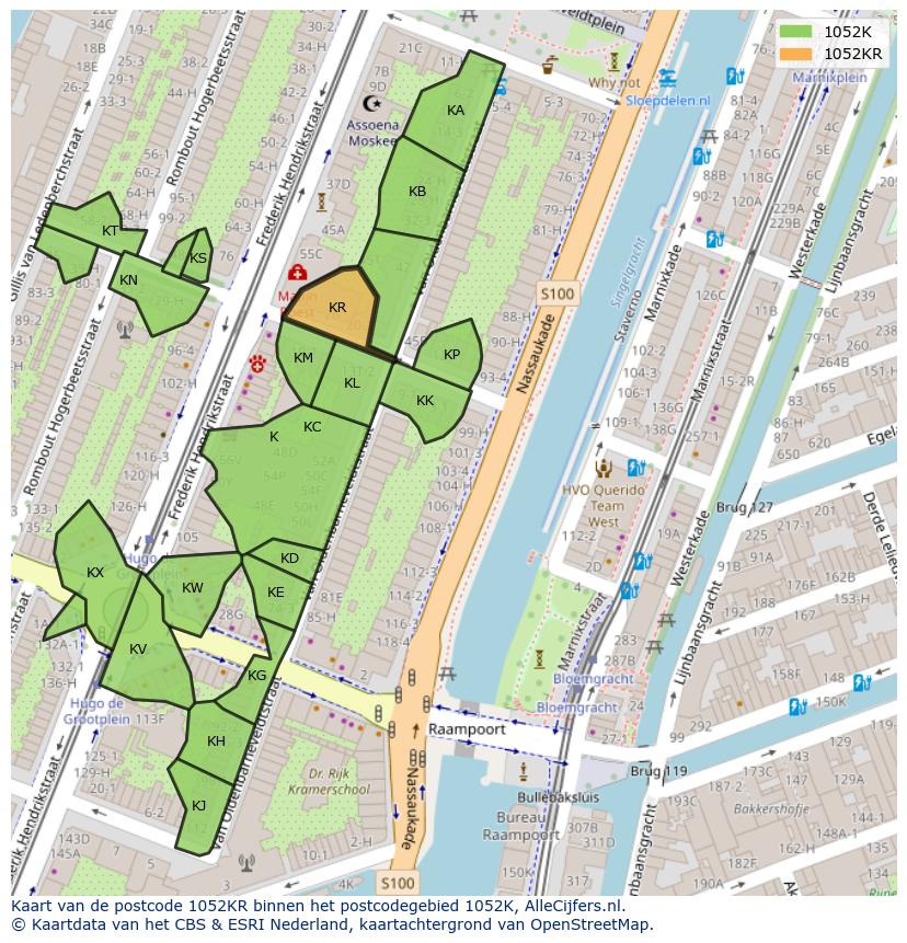 Afbeelding van het postcodegebied 1052 KR op de kaart.
