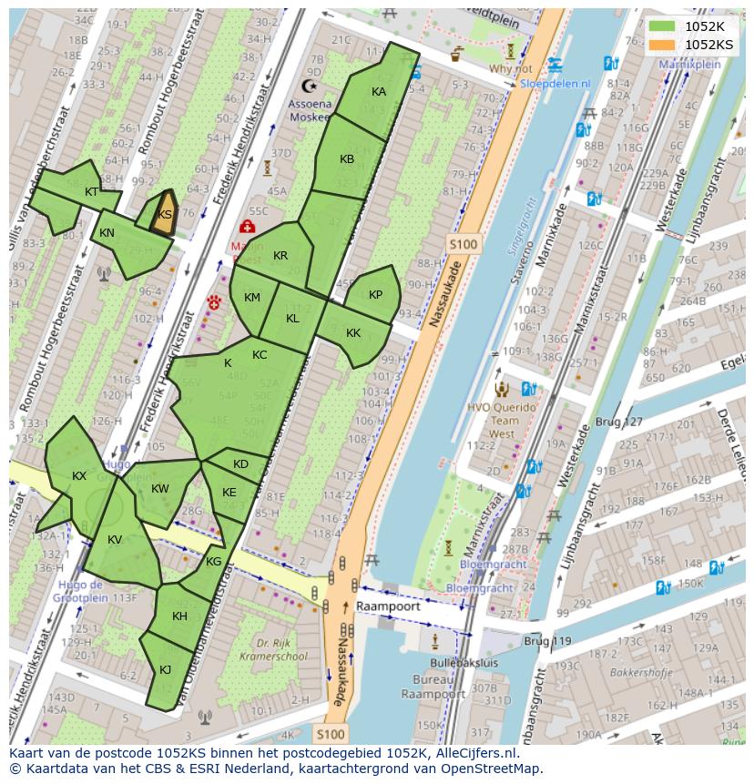 Afbeelding van het postcodegebied 1052 KS op de kaart.
