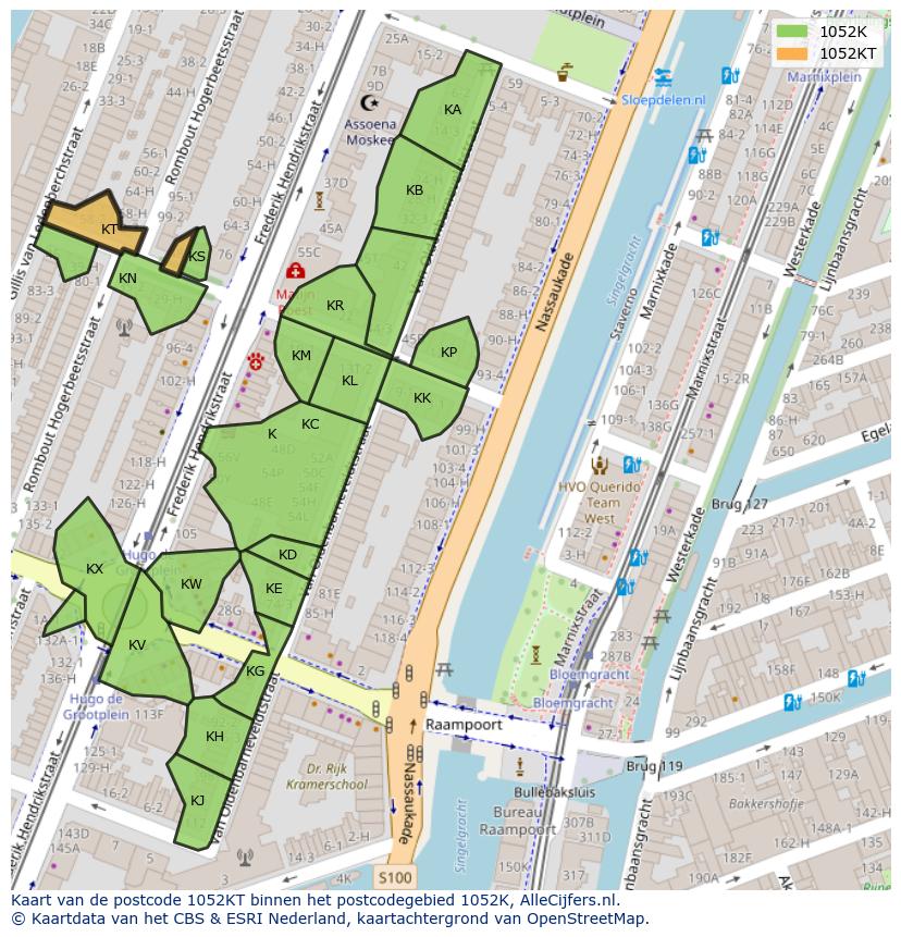 Afbeelding van het postcodegebied 1052 KT op de kaart.