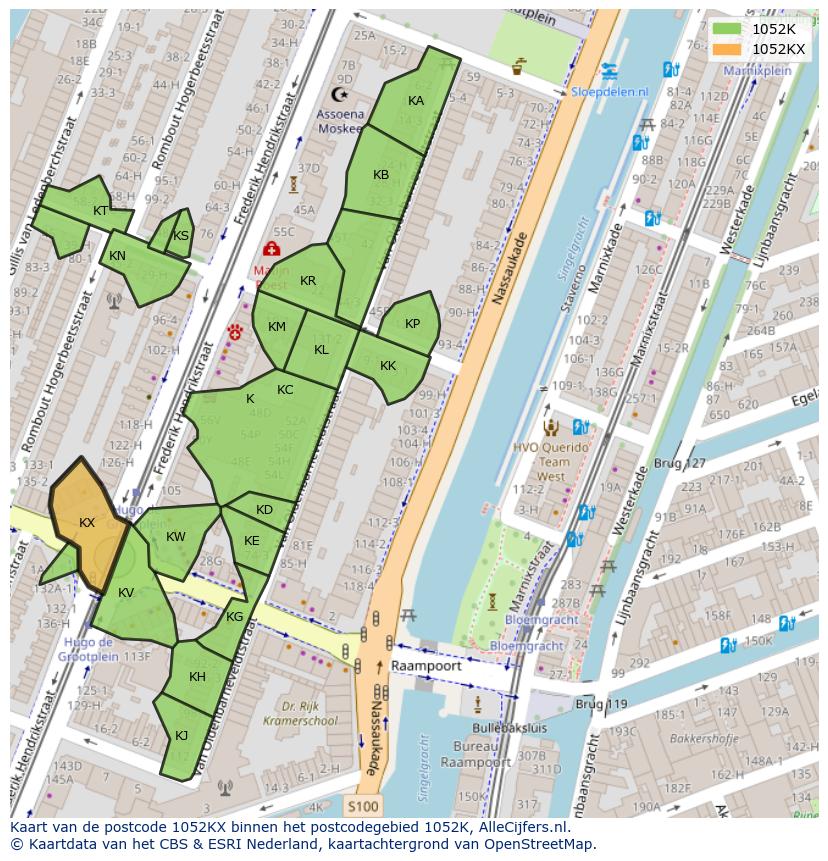 Afbeelding van het postcodegebied 1052 KX op de kaart.