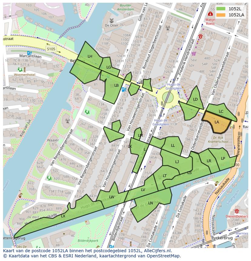 Afbeelding van het postcodegebied 1052 LA op de kaart.