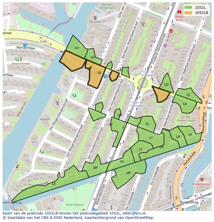 Afbeelding van het postcodegebied 1052 LB op de kaart.