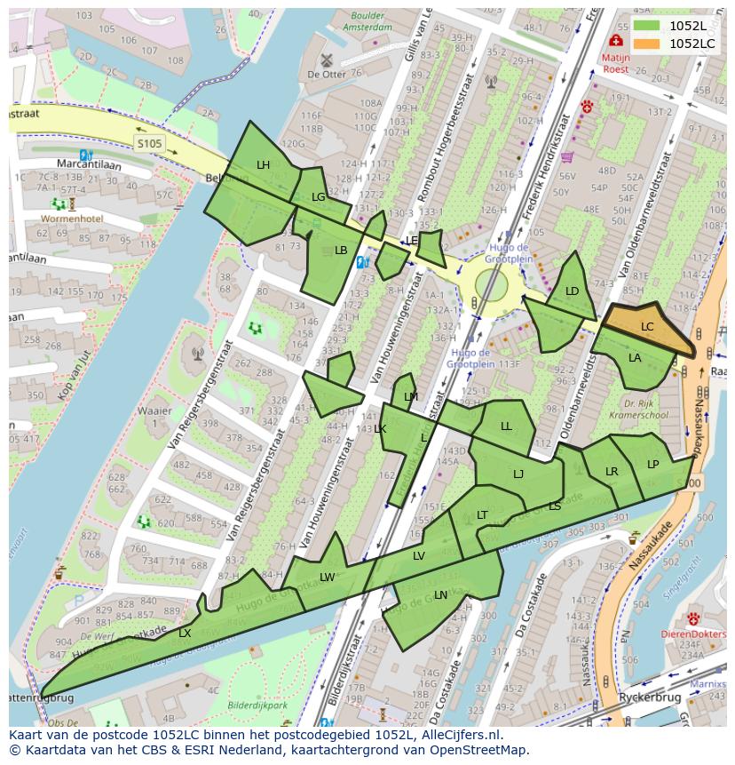 Afbeelding van het postcodegebied 1052 LC op de kaart.