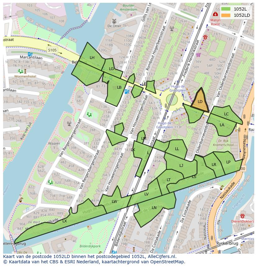 Afbeelding van het postcodegebied 1052 LD op de kaart.