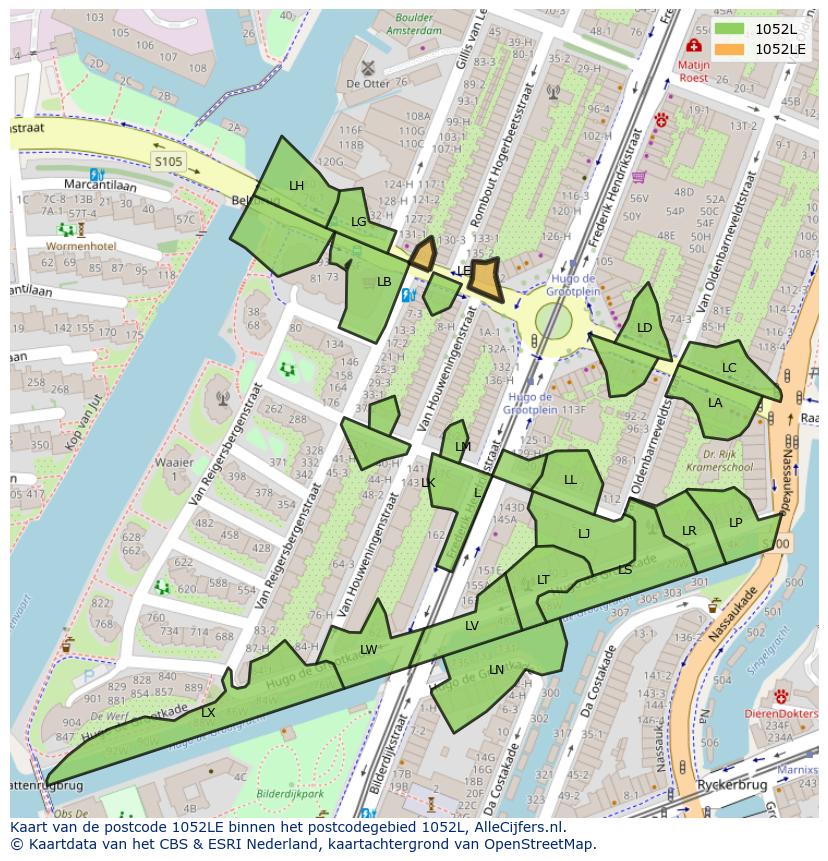 Afbeelding van het postcodegebied 1052 LE op de kaart.