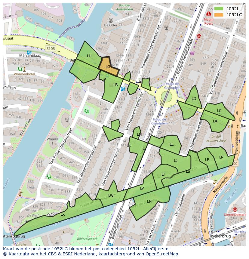 Afbeelding van het postcodegebied 1052 LG op de kaart.