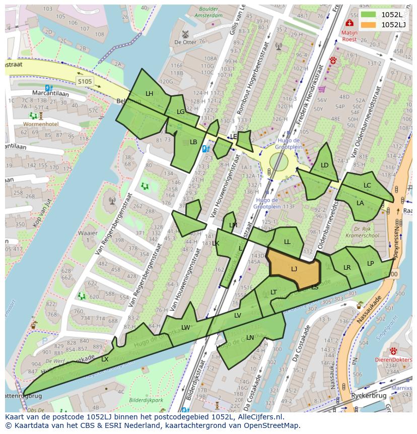 Afbeelding van het postcodegebied 1052 LJ op de kaart.