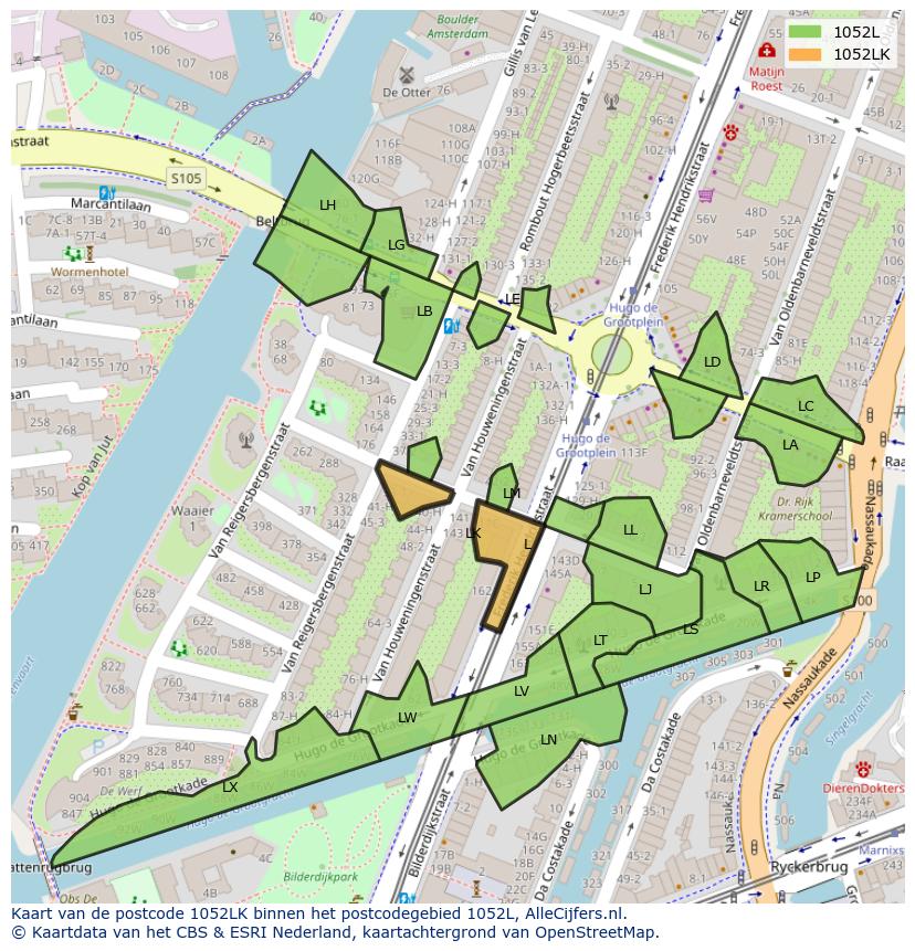 Afbeelding van het postcodegebied 1052 LK op de kaart.