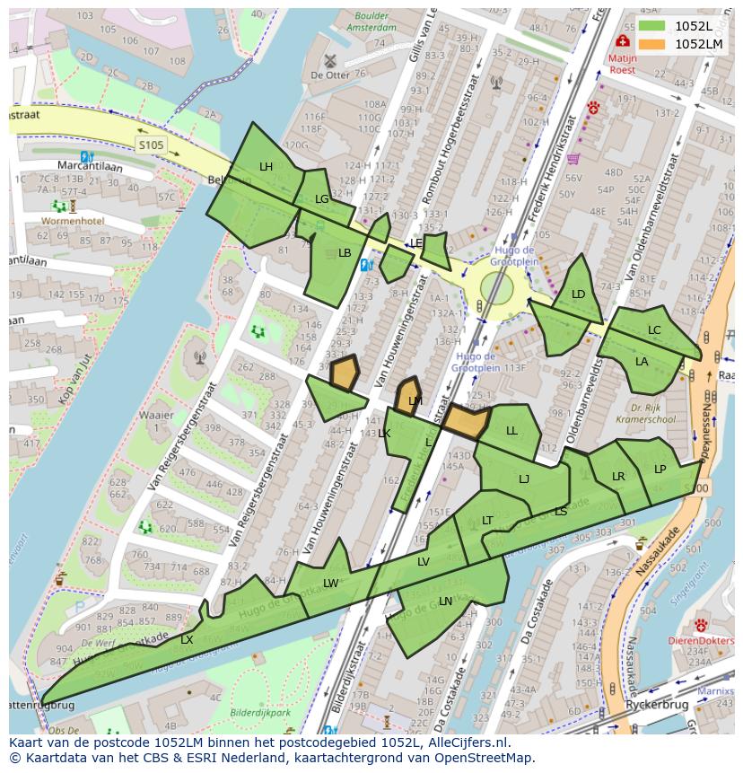 Afbeelding van het postcodegebied 1052 LM op de kaart.