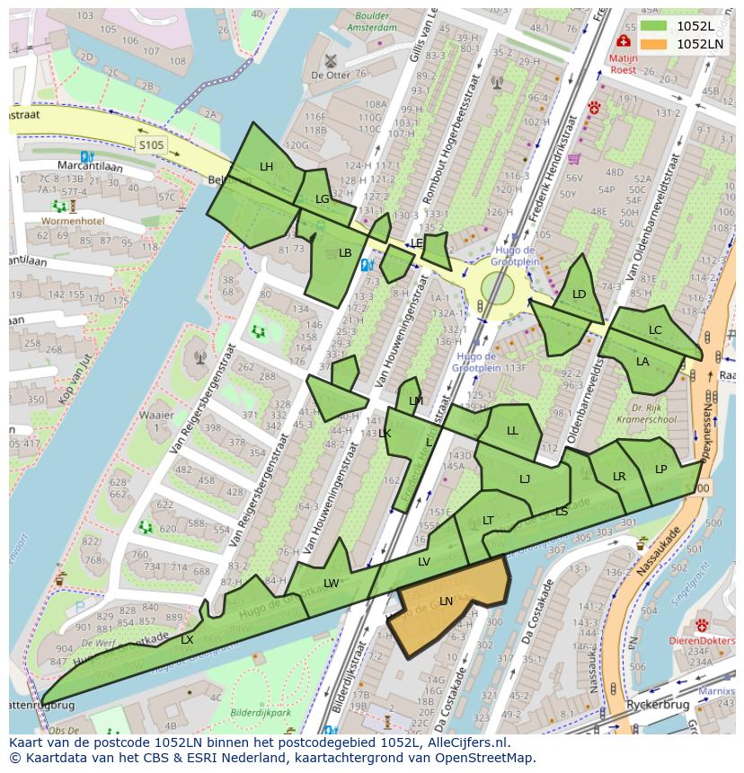 Afbeelding van het postcodegebied 1052 LN op de kaart.