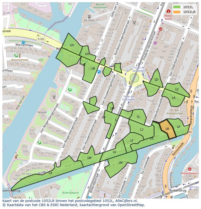 Afbeelding van het postcodegebied 1052 LR op de kaart.