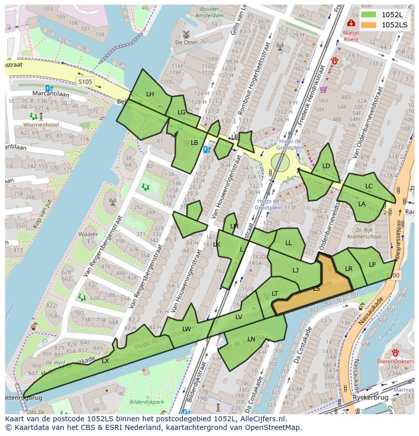 Afbeelding van het postcodegebied 1052 LS op de kaart.