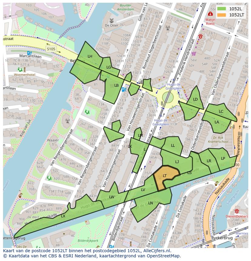 Afbeelding van het postcodegebied 1052 LT op de kaart.