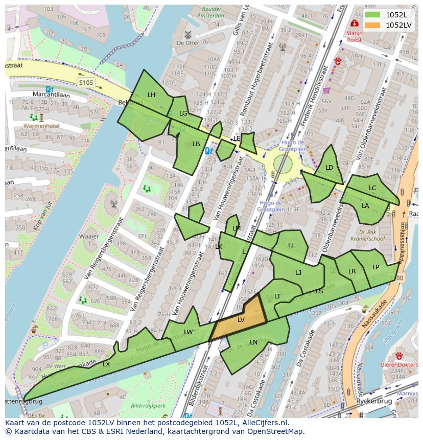 Afbeelding van het postcodegebied 1052 LV op de kaart.