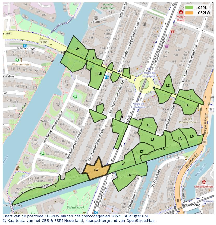 Afbeelding van het postcodegebied 1052 LW op de kaart.