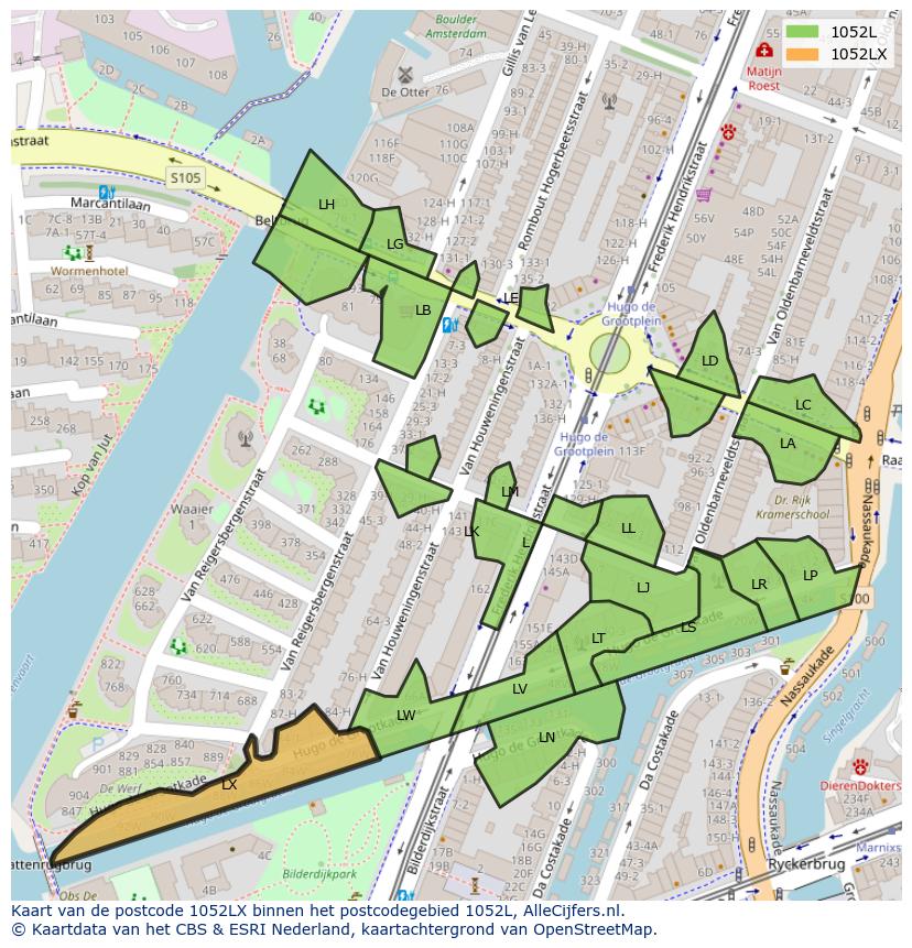 Afbeelding van het postcodegebied 1052 LX op de kaart.