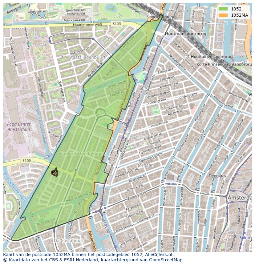 Afbeelding van het postcodegebied 1052 MA op de kaart.