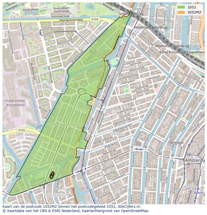 Afbeelding van het postcodegebied 1052 MZ op de kaart.