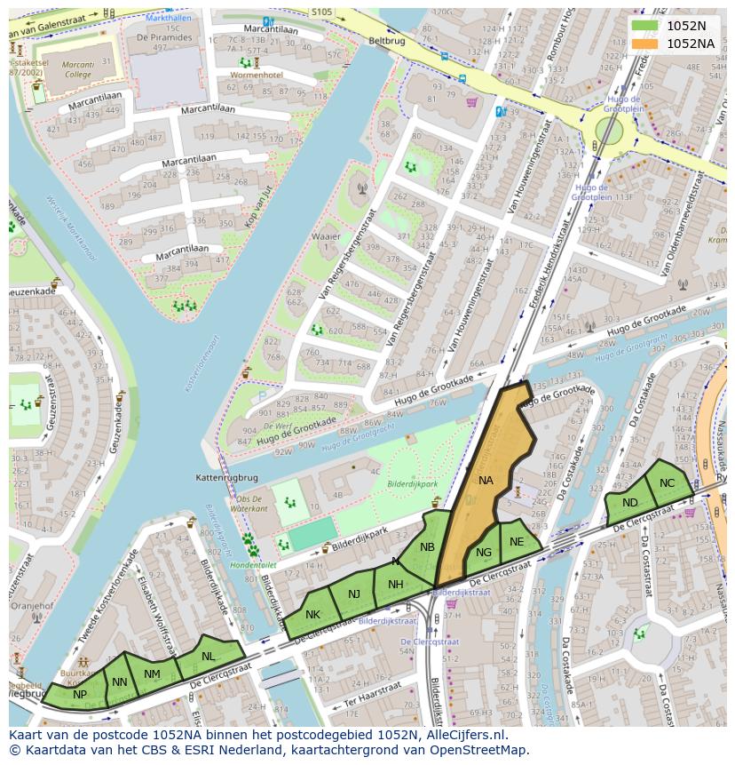 Afbeelding van het postcodegebied 1052 NA op de kaart.