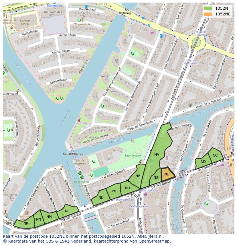Afbeelding van het postcodegebied 1052 NE op de kaart.