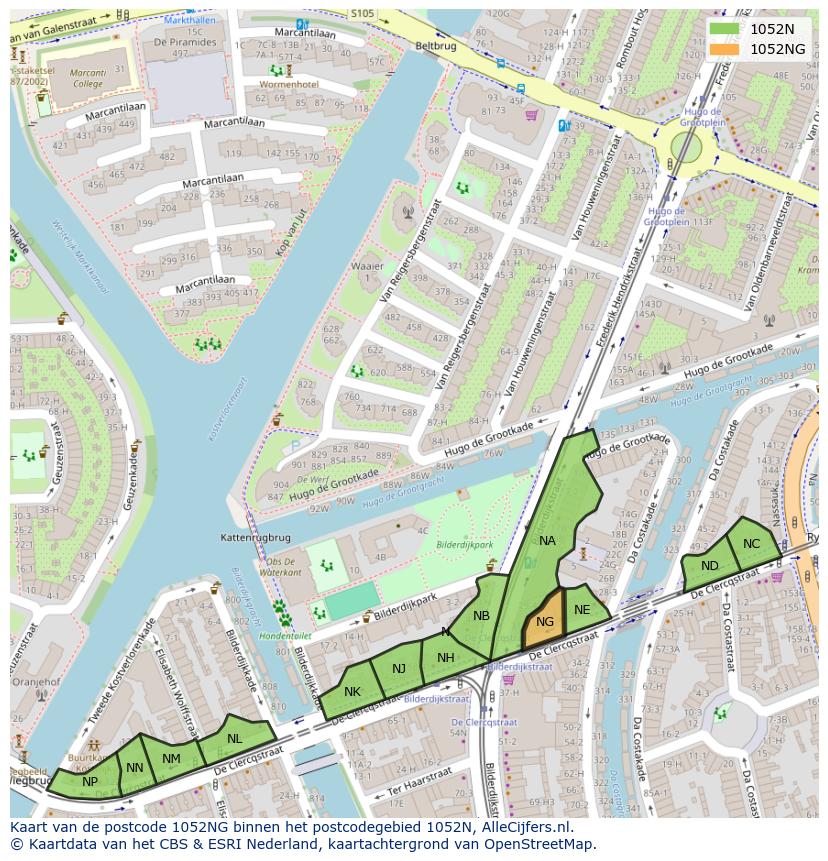 Afbeelding van het postcodegebied 1052 NG op de kaart.