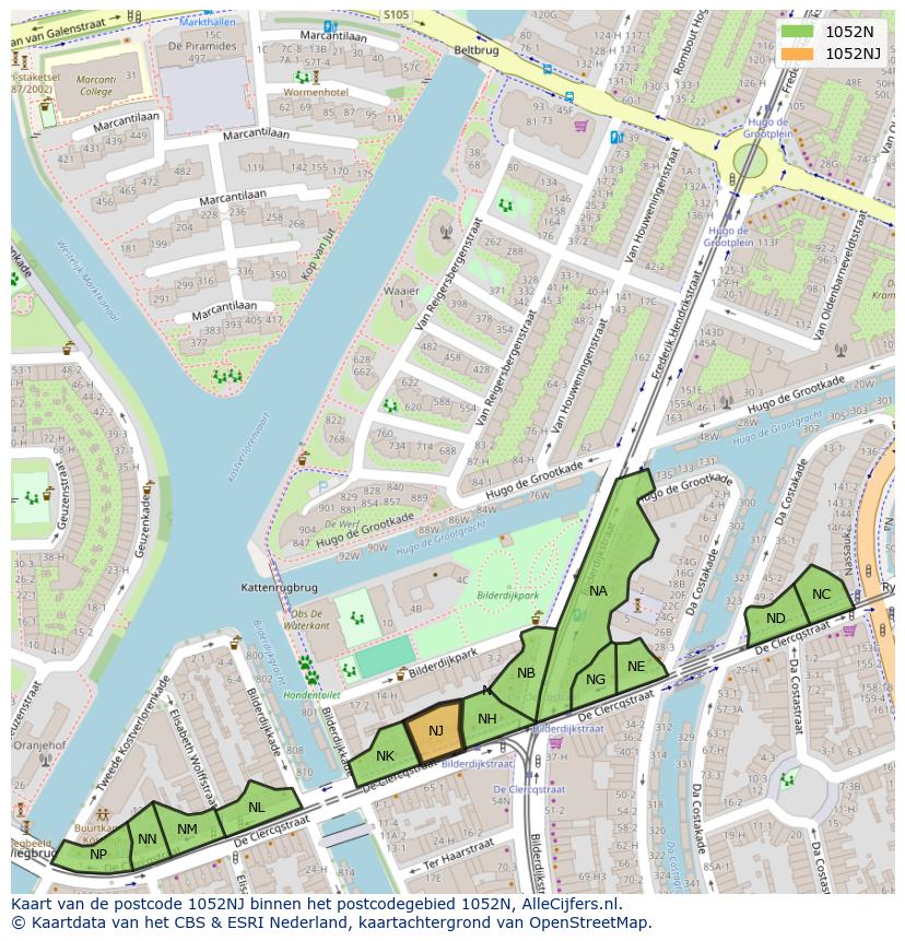 Afbeelding van het postcodegebied 1052 NJ op de kaart.