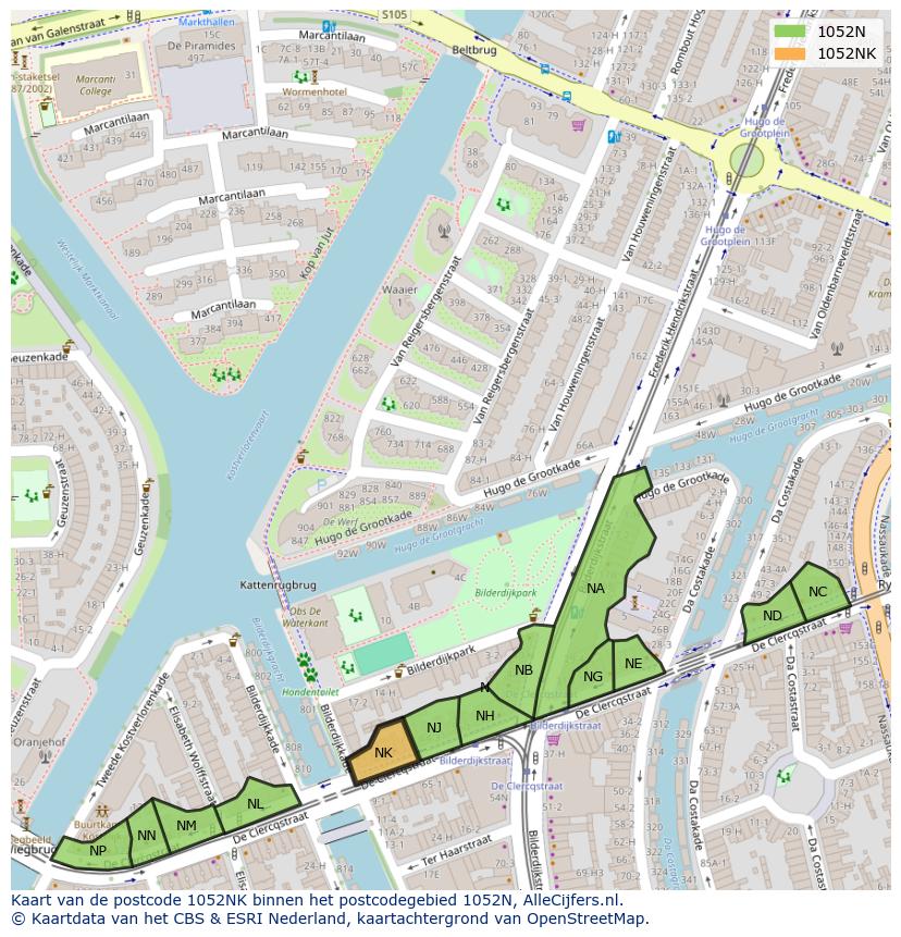 Afbeelding van het postcodegebied 1052 NK op de kaart.