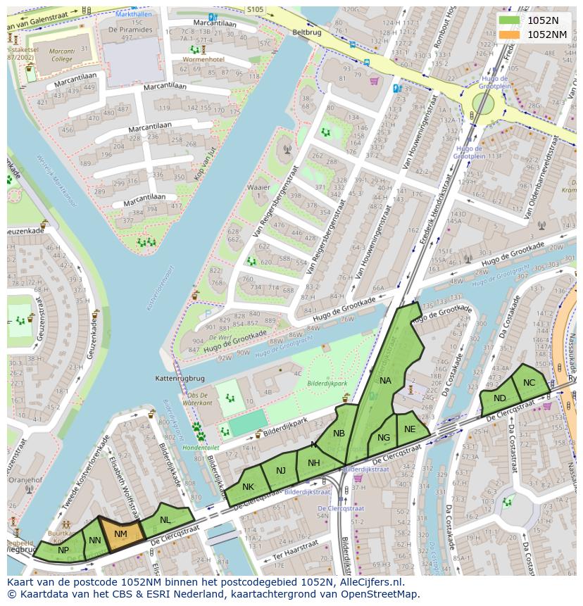 Afbeelding van het postcodegebied 1052 NM op de kaart.