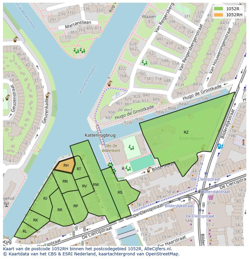 Afbeelding van het postcodegebied 1052 RH op de kaart.