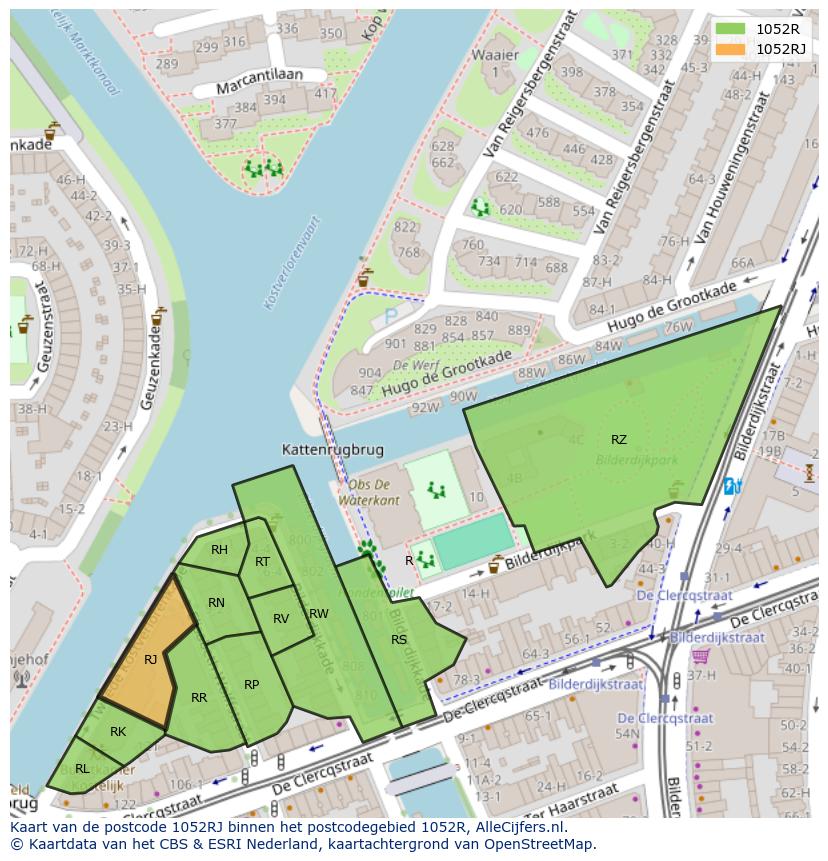 Afbeelding van het postcodegebied 1052 RJ op de kaart.
