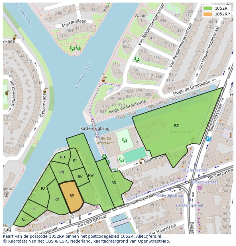 Afbeelding van het postcodegebied 1052 RP op de kaart.