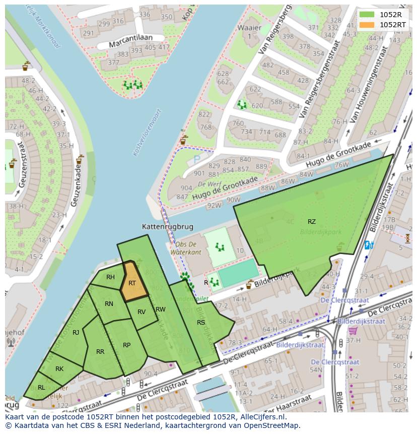 Afbeelding van het postcodegebied 1052 RT op de kaart.
