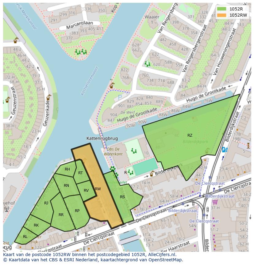 Afbeelding van het postcodegebied 1052 RW op de kaart.