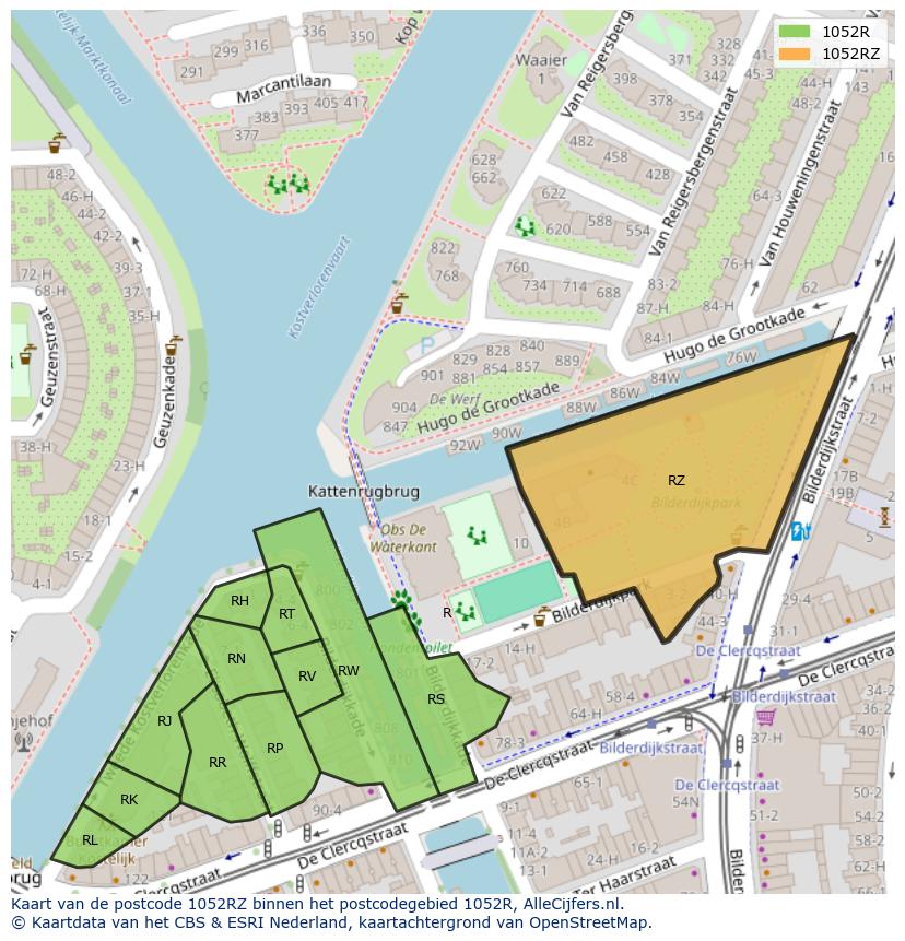 Afbeelding van het postcodegebied 1052 RZ op de kaart.