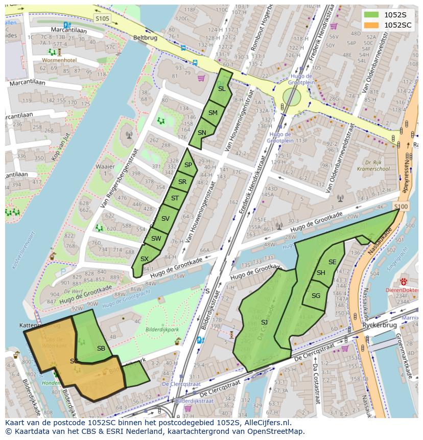 Afbeelding van het postcodegebied 1052 SC op de kaart.