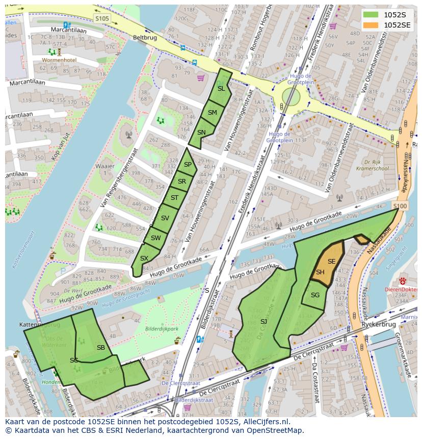 Afbeelding van het postcodegebied 1052 SE op de kaart.