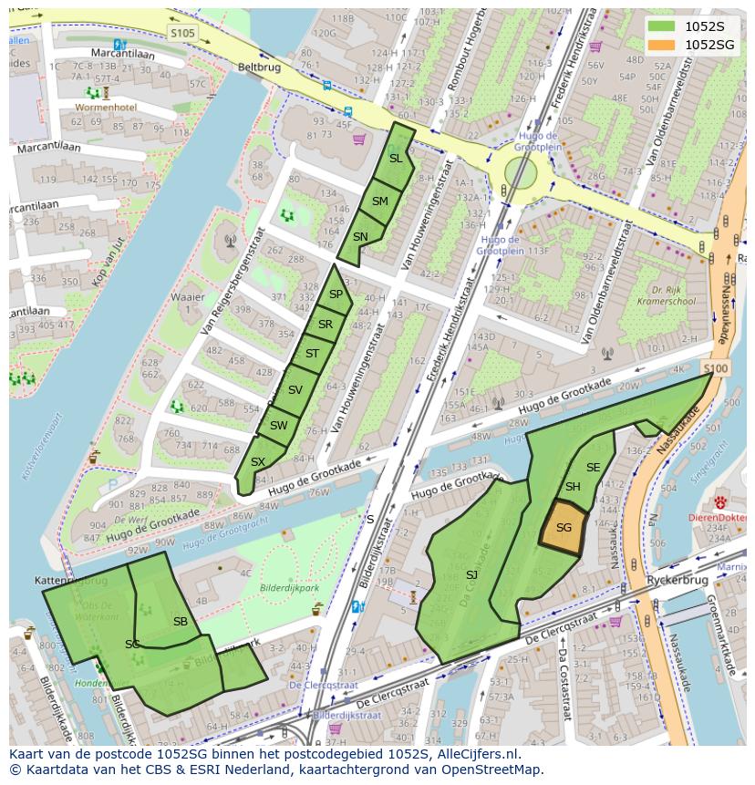 Afbeelding van het postcodegebied 1052 SG op de kaart.