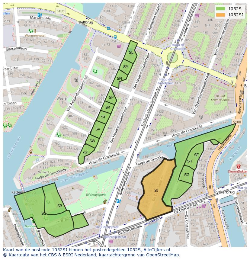 Afbeelding van het postcodegebied 1052 SJ op de kaart.
