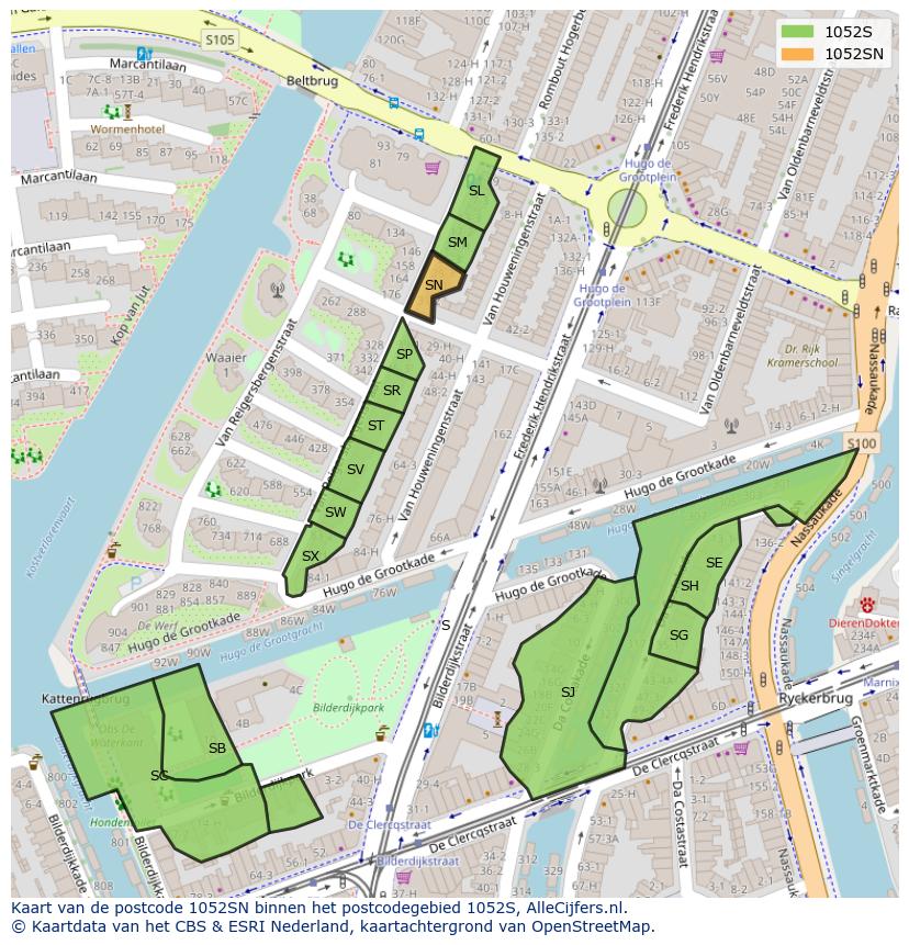 Afbeelding van het postcodegebied 1052 SN op de kaart.