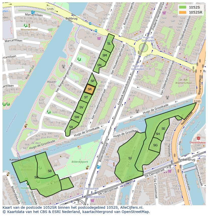Afbeelding van het postcodegebied 1052 SR op de kaart.
